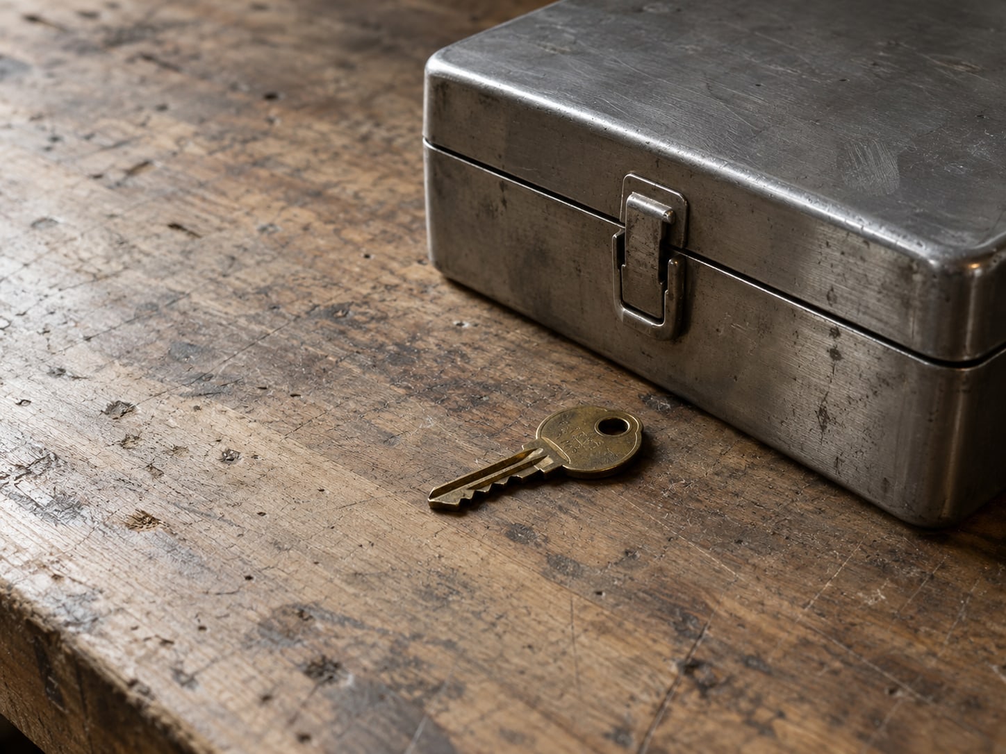 A brass key resting on a worn wooden workbench beside a closed metal toolbox.