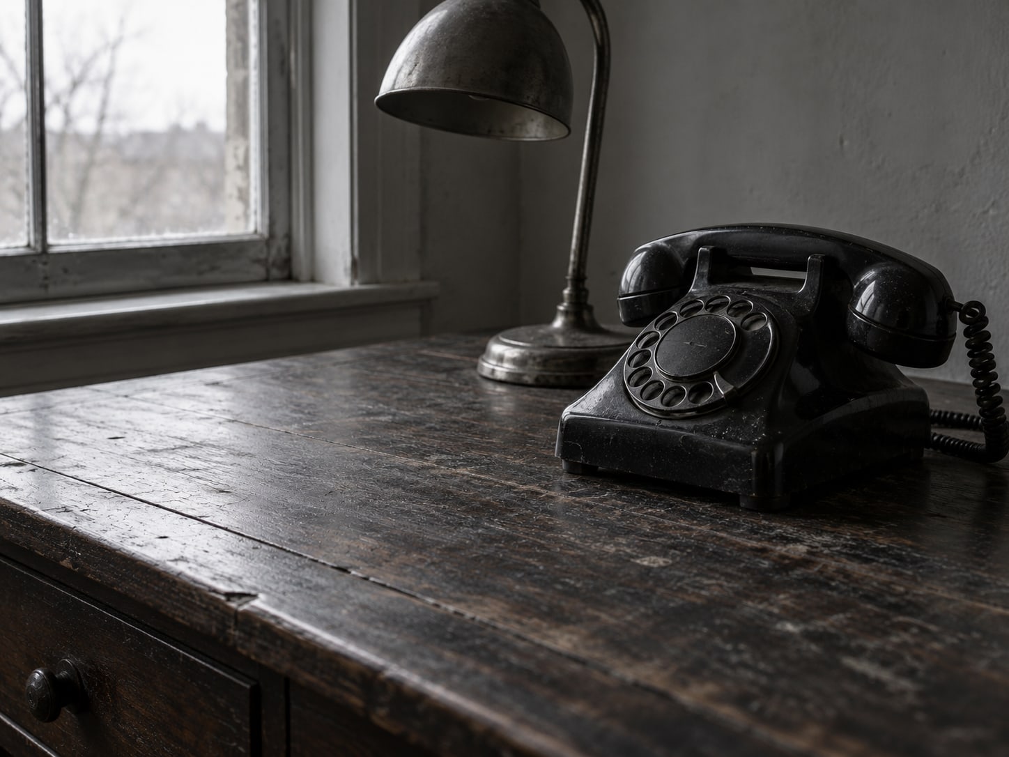 A black rotary desk phone on a dark wooden table beside an unlit lamp.