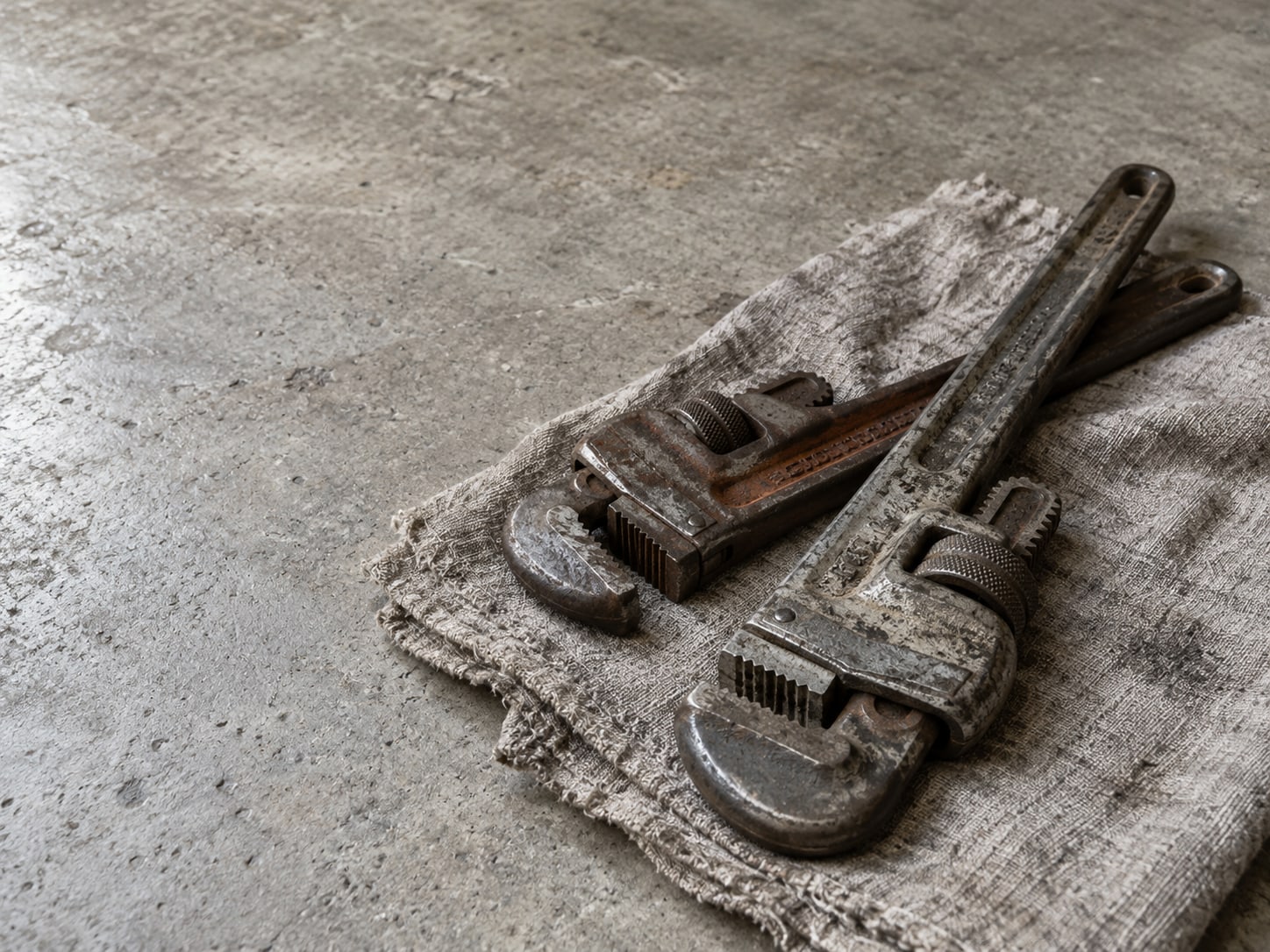 A pair of pipe wrenches lying on a folded gray towel on a concrete floor.