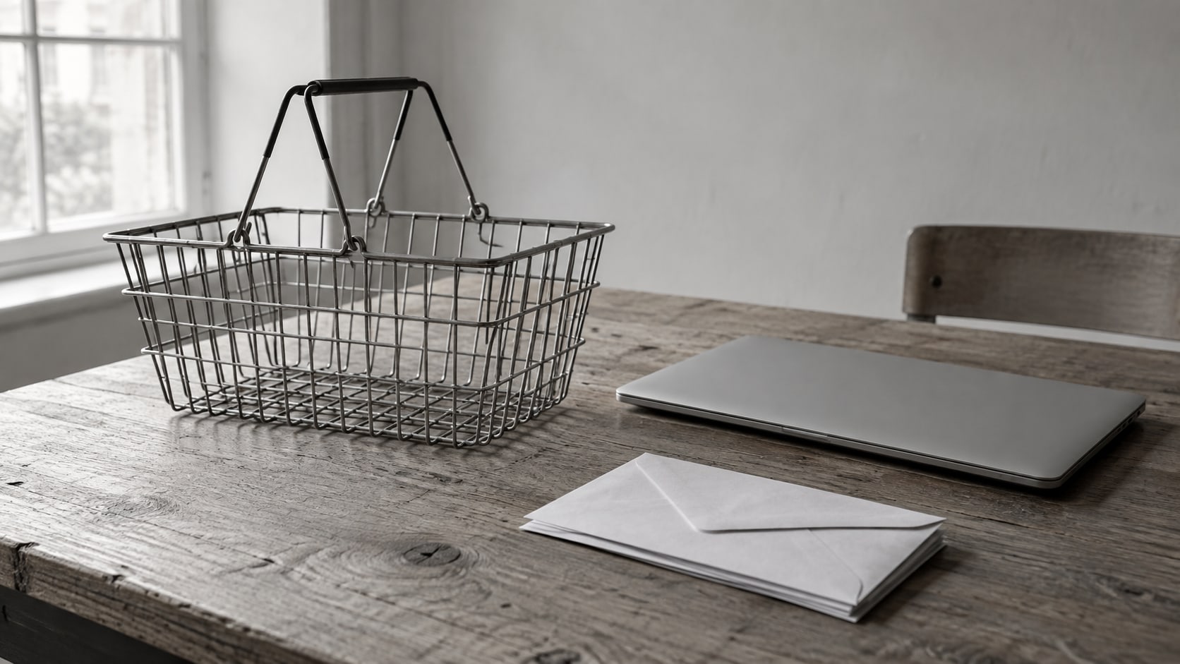 An empty wire shopping basket on a wooden counter beside a closed laptop and a small stack of blank sealed envelopes.