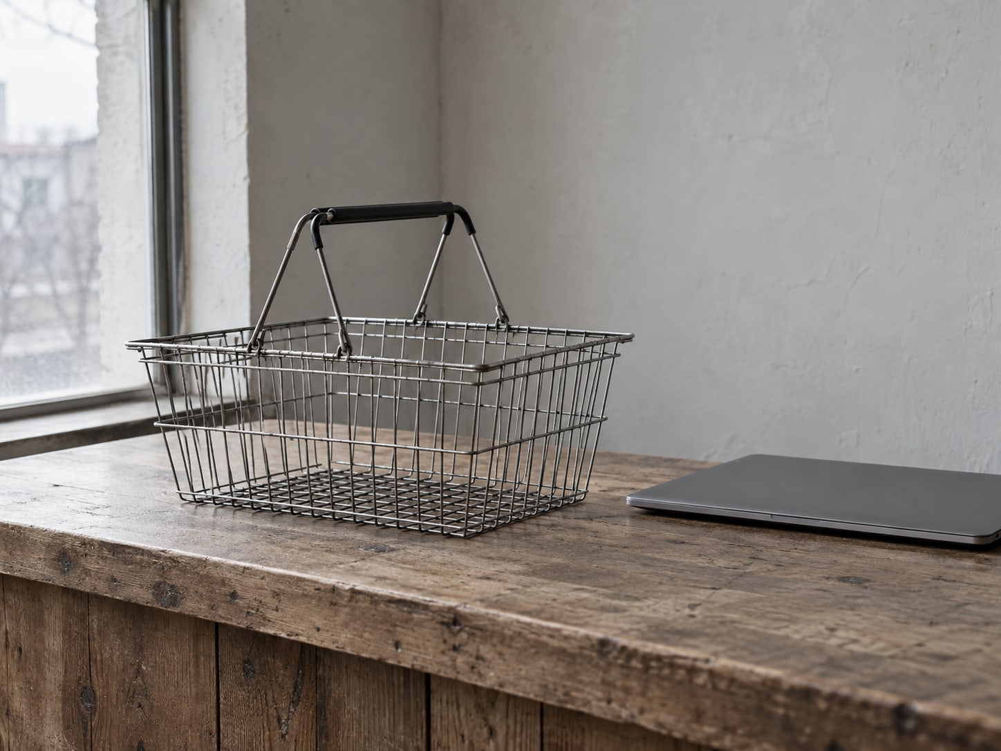 An empty wire shopping basket resting on a wooden shop counter beside a closed laptop.