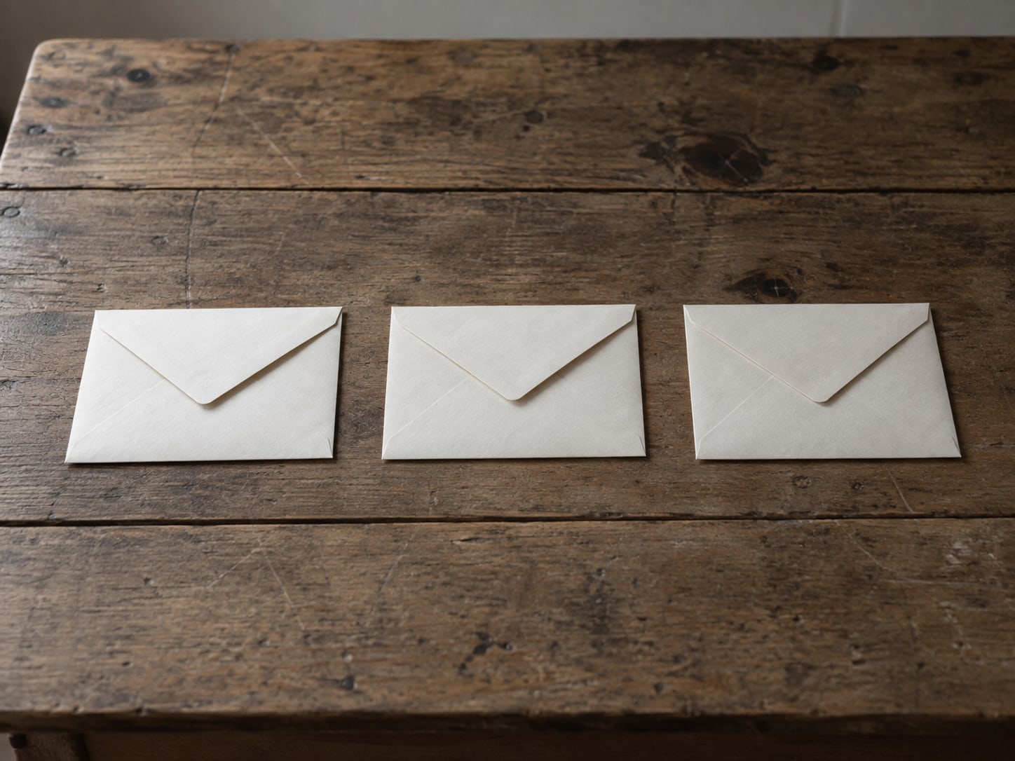Three blank sealed envelopes lying in a spaced row on a worn wooden table.
