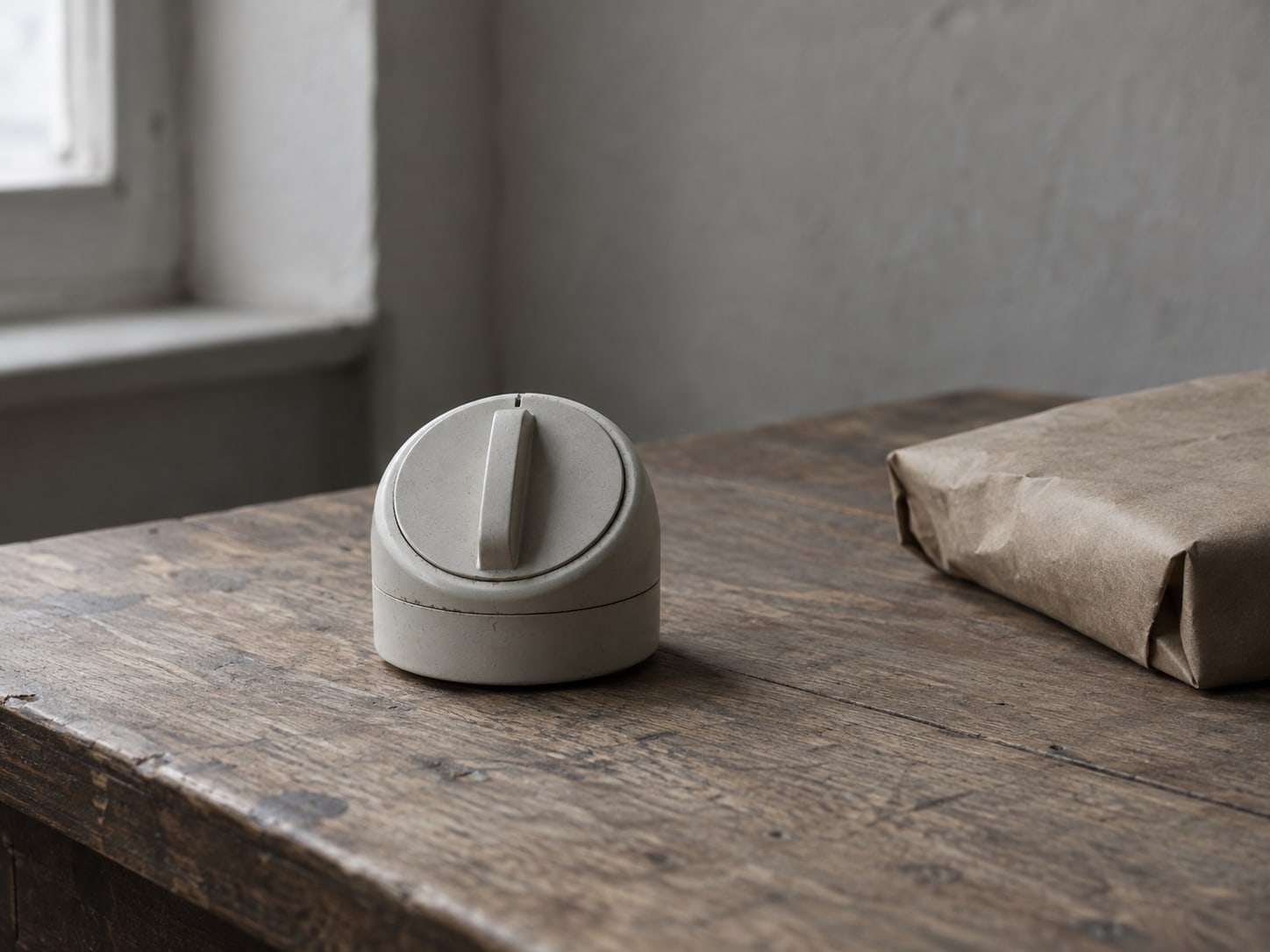 A small kitchen timer next to a folded kraft paper parcel on a plain wooden desk.