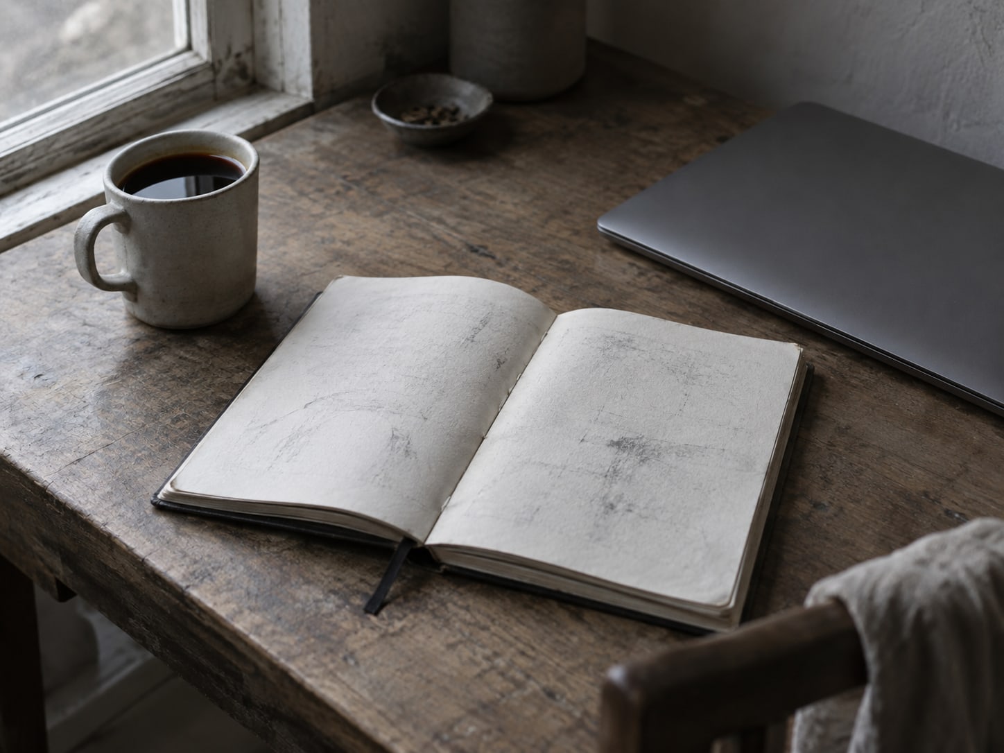 An open notebook with faint unreadable pencil tallies beside a closed laptop and a cup of coffee on a desk.