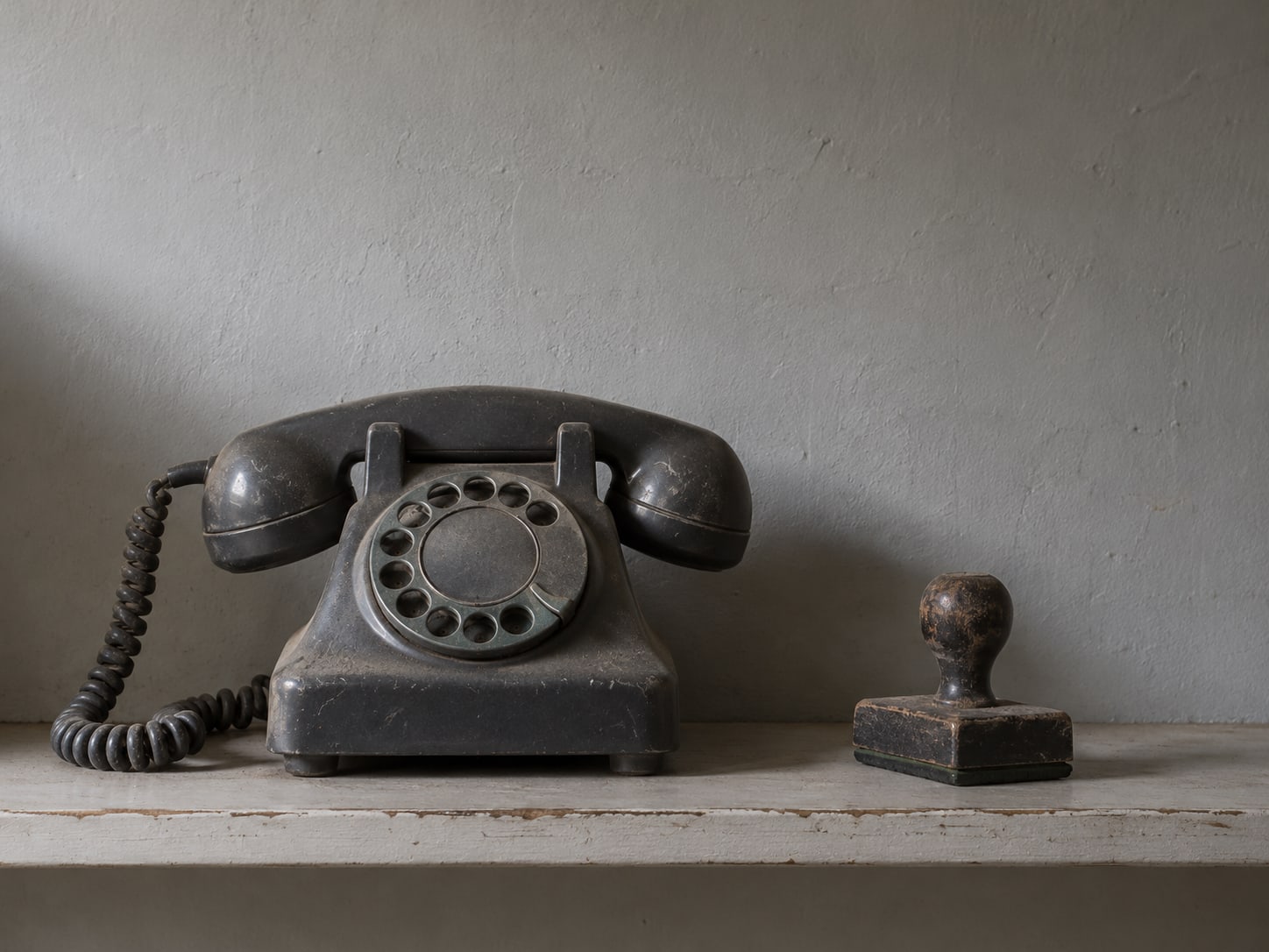 A rotary telephone with a coiled cord set on a shelf beside a dusty rubber stamp.