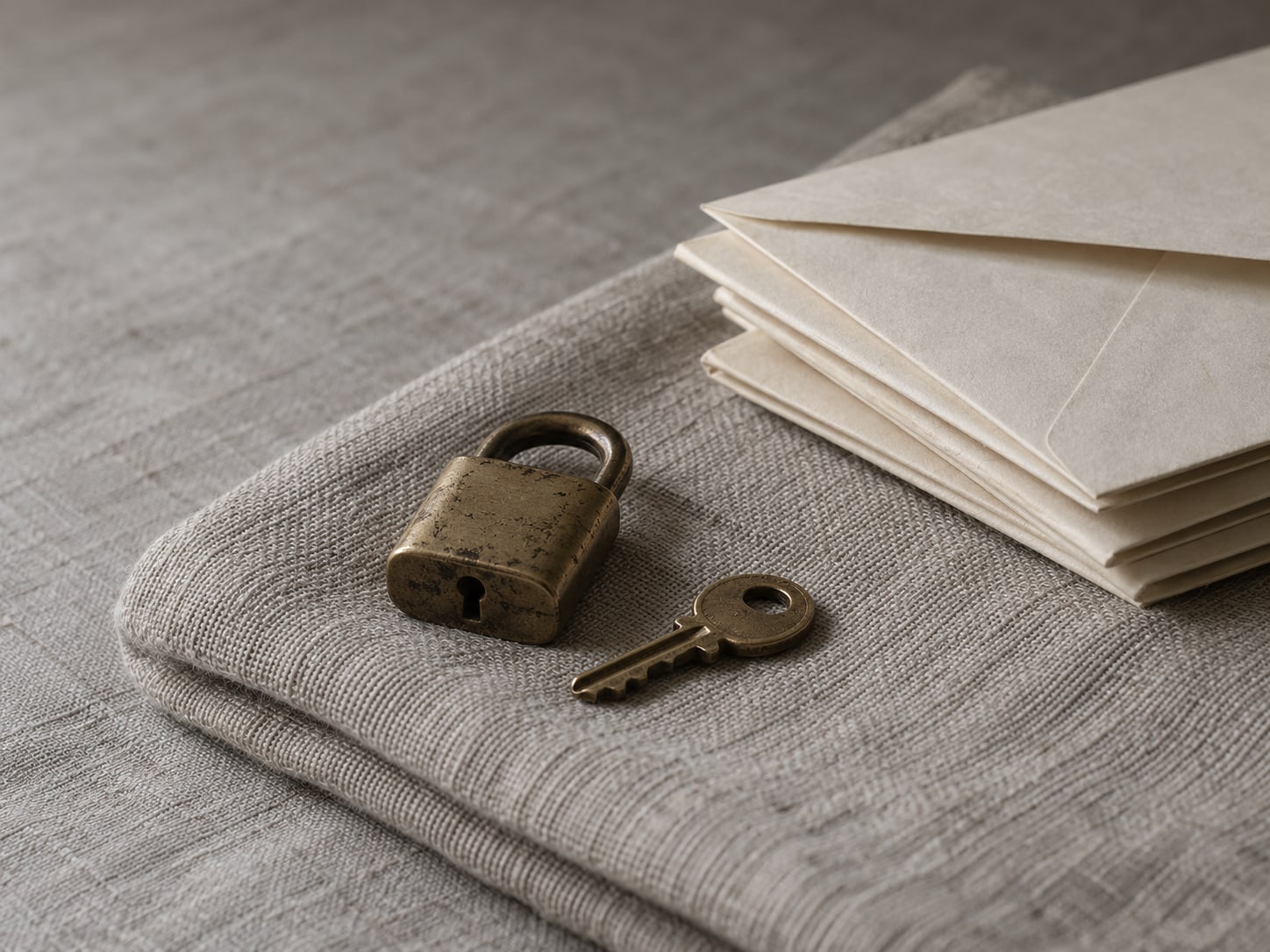 A small brass padlock and a single key resting on a folded cloth next to a stack of unmarked envelopes.