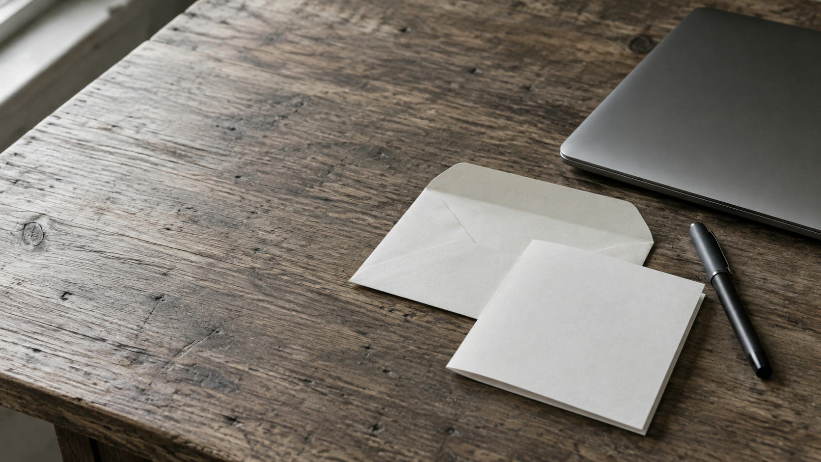 An opened plain envelope and a folded blank sheet of paper beside a closed laptop and a capped pen on a wooden desk.