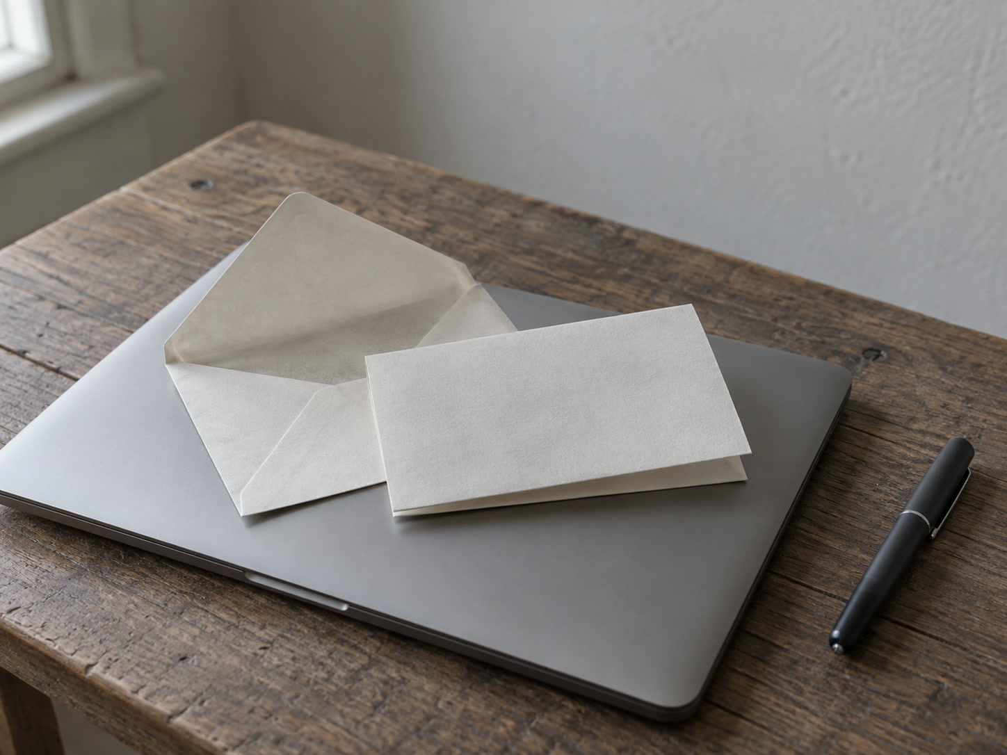 Un sobre abierto y una carta en blanco doblada descansando sobre una laptop cerrada en un escritorio de madera, junto a un bolígrafo con tapa.