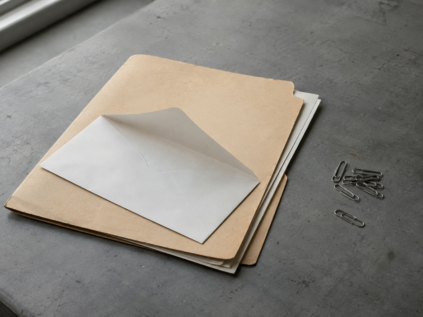 Una carpeta manila con unas cuantas hojas en blanco y un sobre abierto, colocada junto a un pequeño montón de clips en una mesa gris.