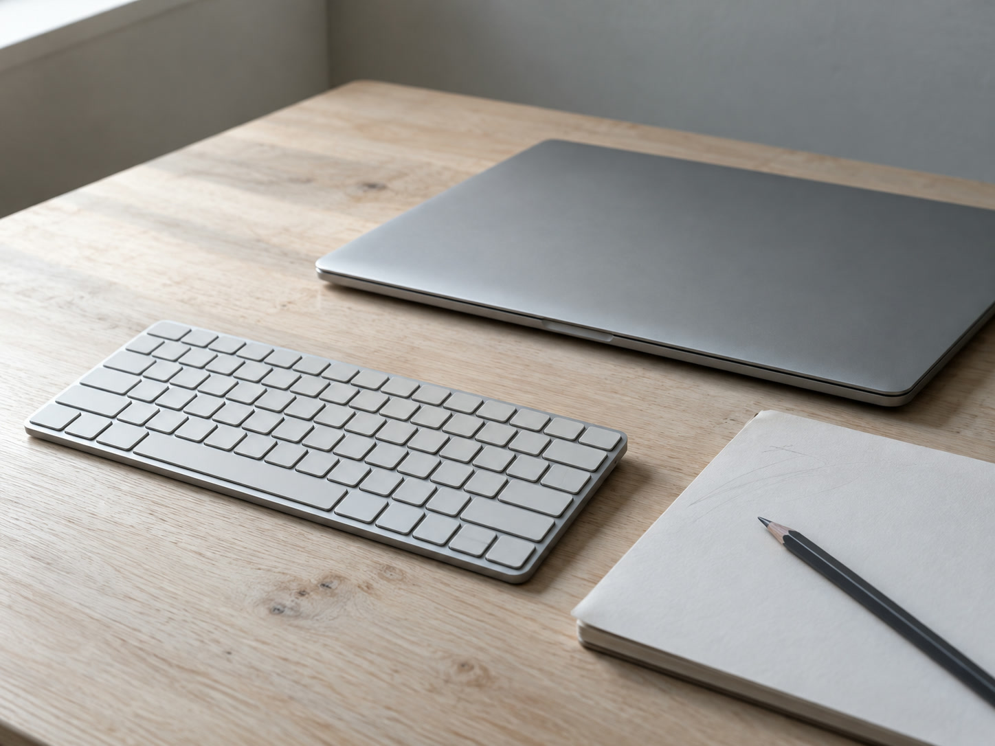 Un teclado inalámbrico junto a una laptop cerrada y una libreta en blanco con marcas tenues de lápiz sobre un escritorio de madera clara.