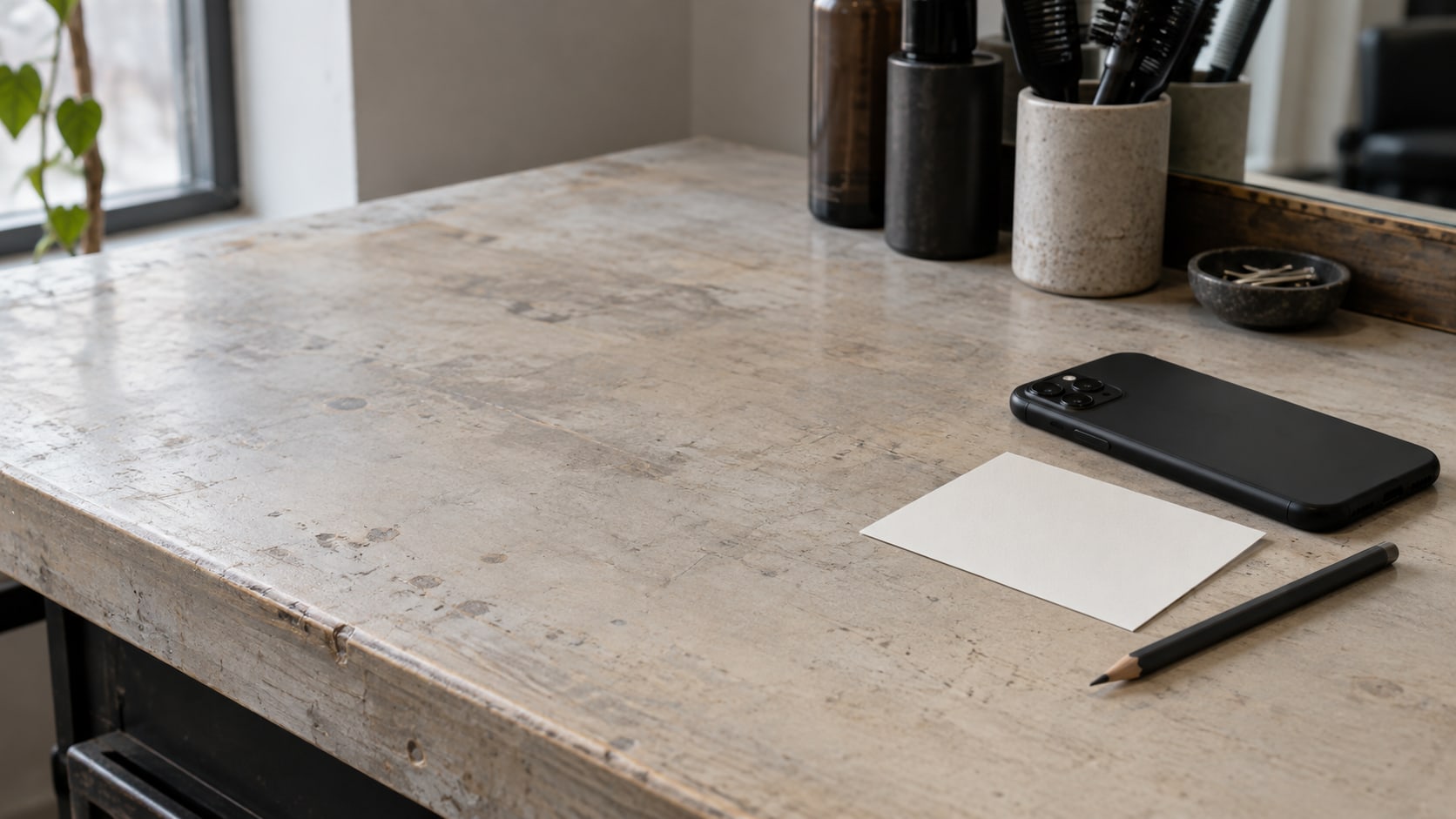 A closed phone lying face down beside a blank appointment card and a pencil on a salon counter.