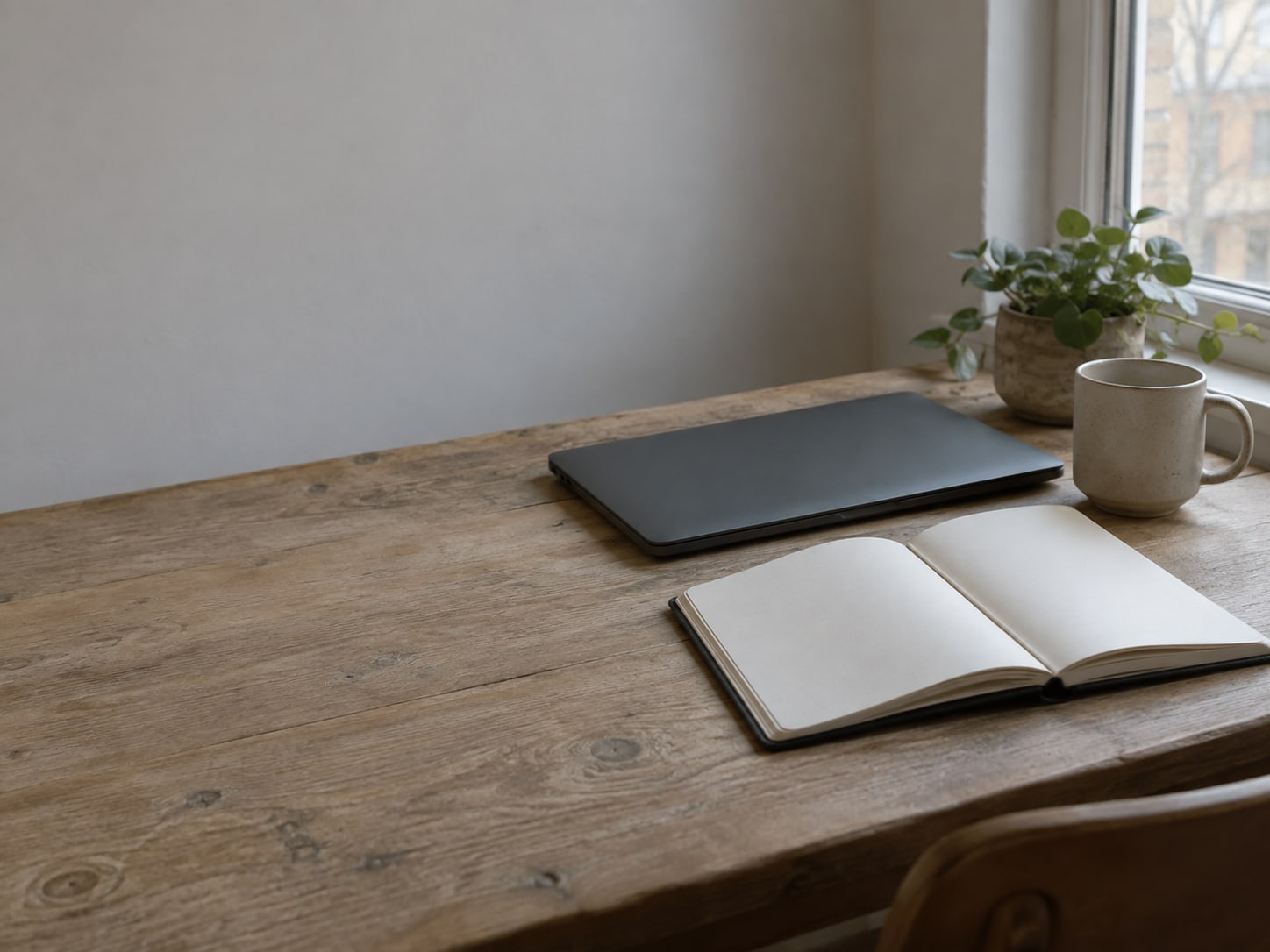 A tidy desk with a closed laptop, a blank appointment book and a mug beside a small potted plant.