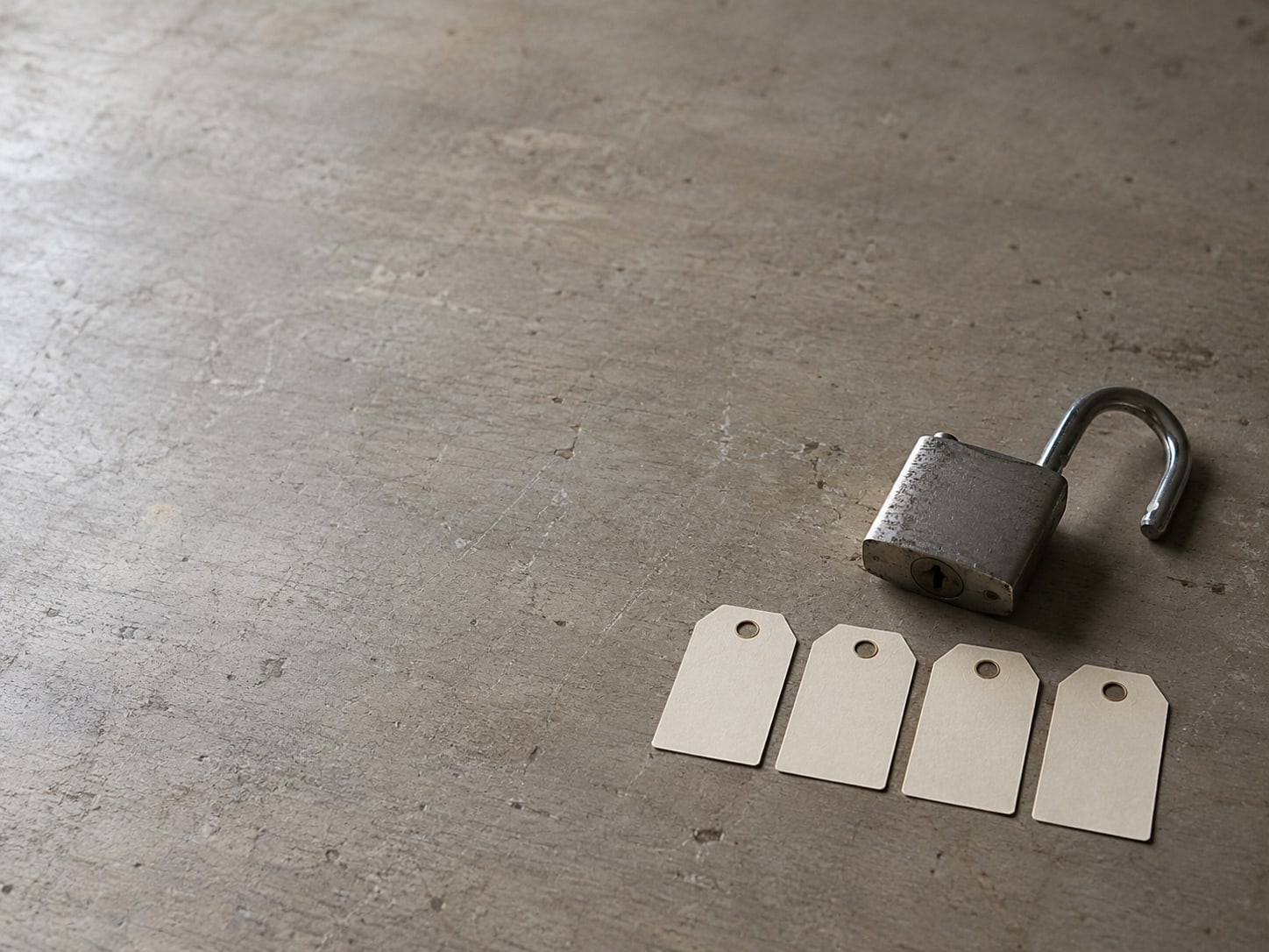 A single padlock lying open on a desk beside a neat row of unused paper tags.