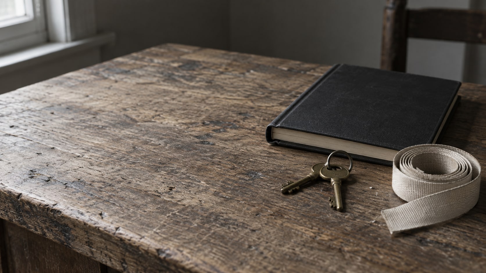 A pair of brass keys, a closed appointment book and a coil of measuring tape on a worn wooden counter.