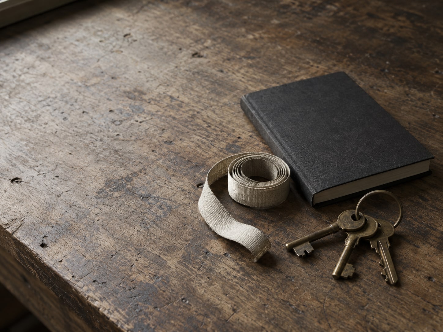A set of brass keys and a measuring tape on a worn wooden counter beside a closed appointment book.