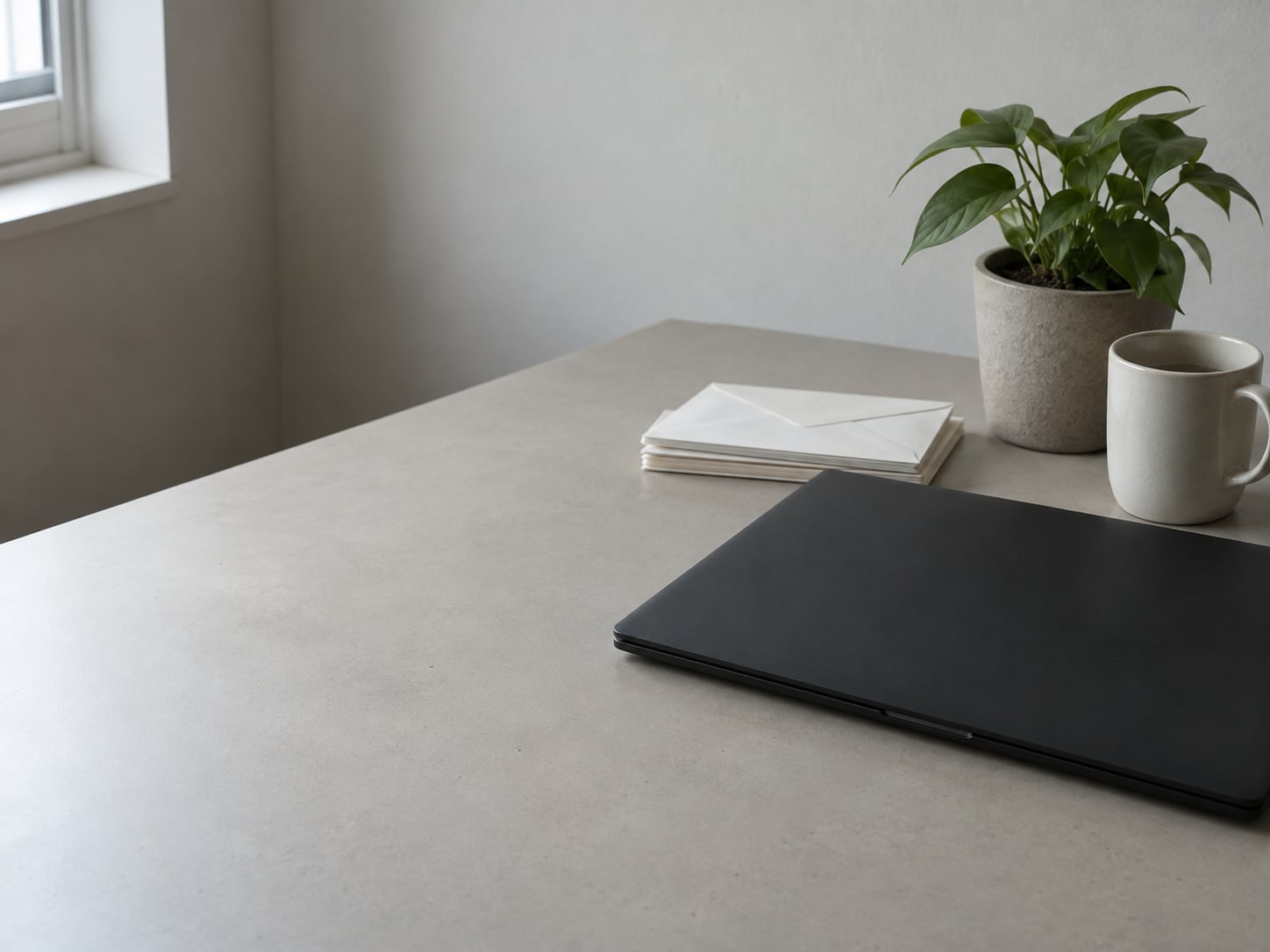 A closed laptop and a stack of unopened envelopes on a desk beside a small plant and a mug.