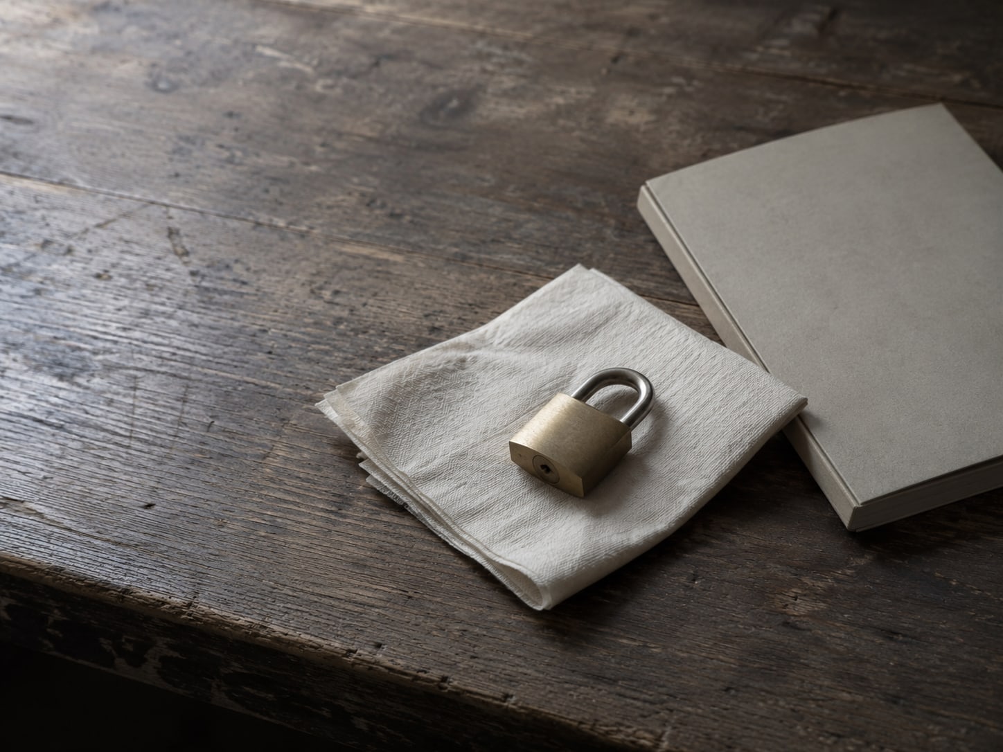 A small padlock resting on a folded paper napkin beside a closed notebook on a wooden table.