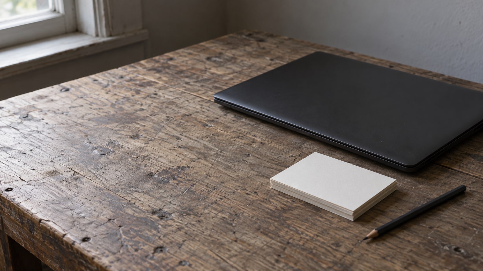 A closed laptop and a small stack of blank index cards on a worn wooden desk beside a pencil.