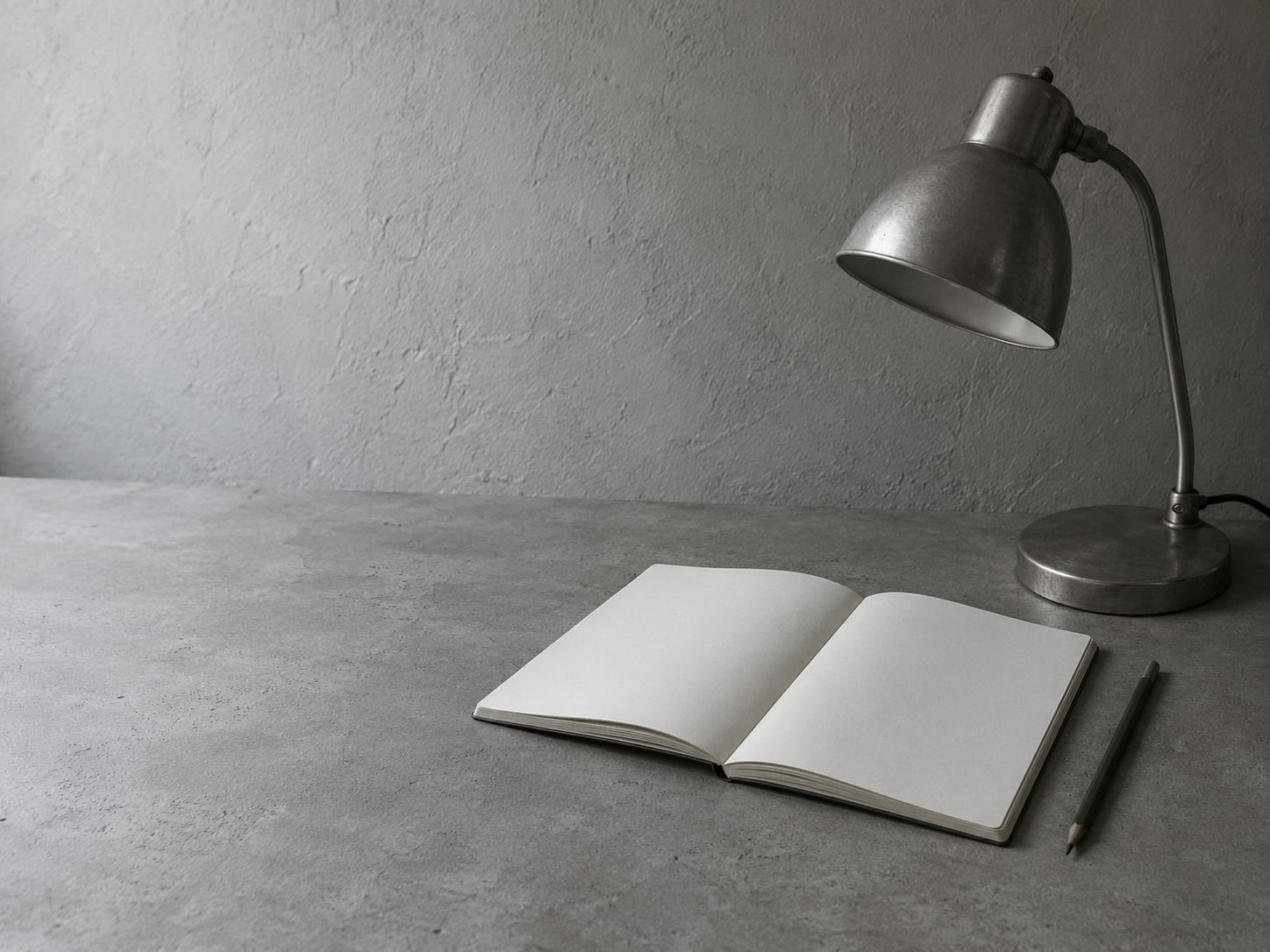 A single desk lamp switched off beside an open empty notebook and a pencil on a plain surface.