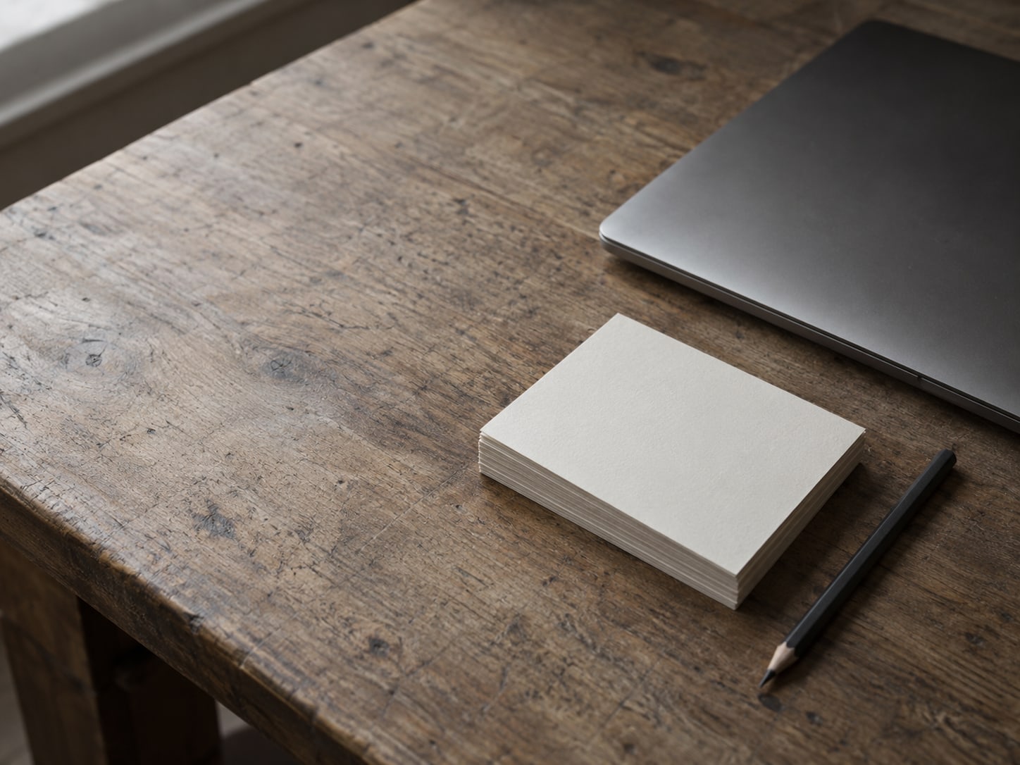 A closed laptop beside a short stack of blank cards and a pencil on a plain wooden desk.