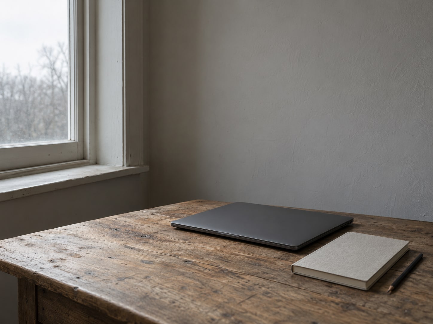 A closed laptop and a plain notebook with a pencil on a wooden desk, ready for a new helper's first day.
