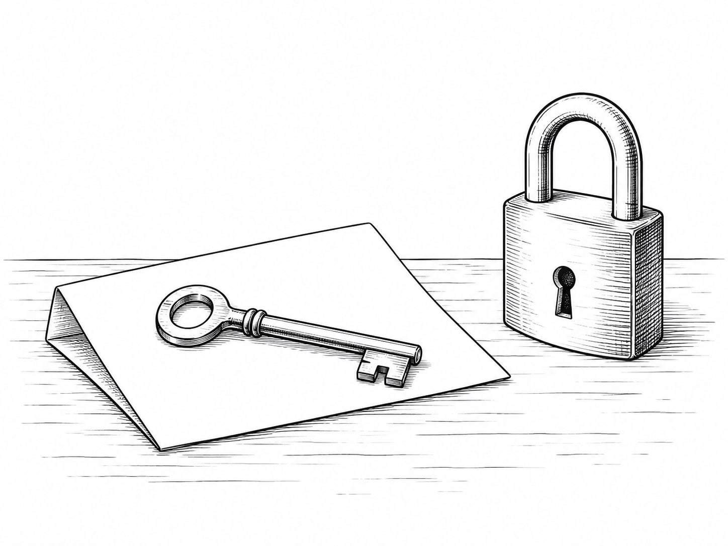 A single brass key resting on a folded blank sheet of paper beside a small closed padlock on a table.