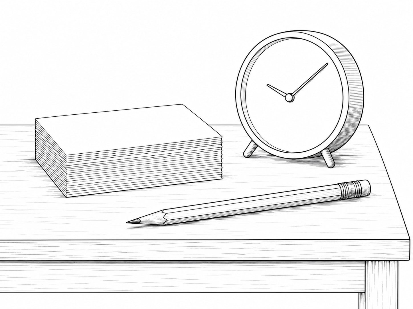 A stack of blank index cards squared beside a pencil and a small desk clock on a table.