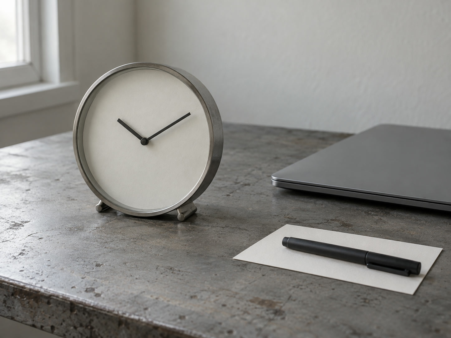 A plain desk clock with no numerals beside a closed laptop and a pen resting on a blank index card.