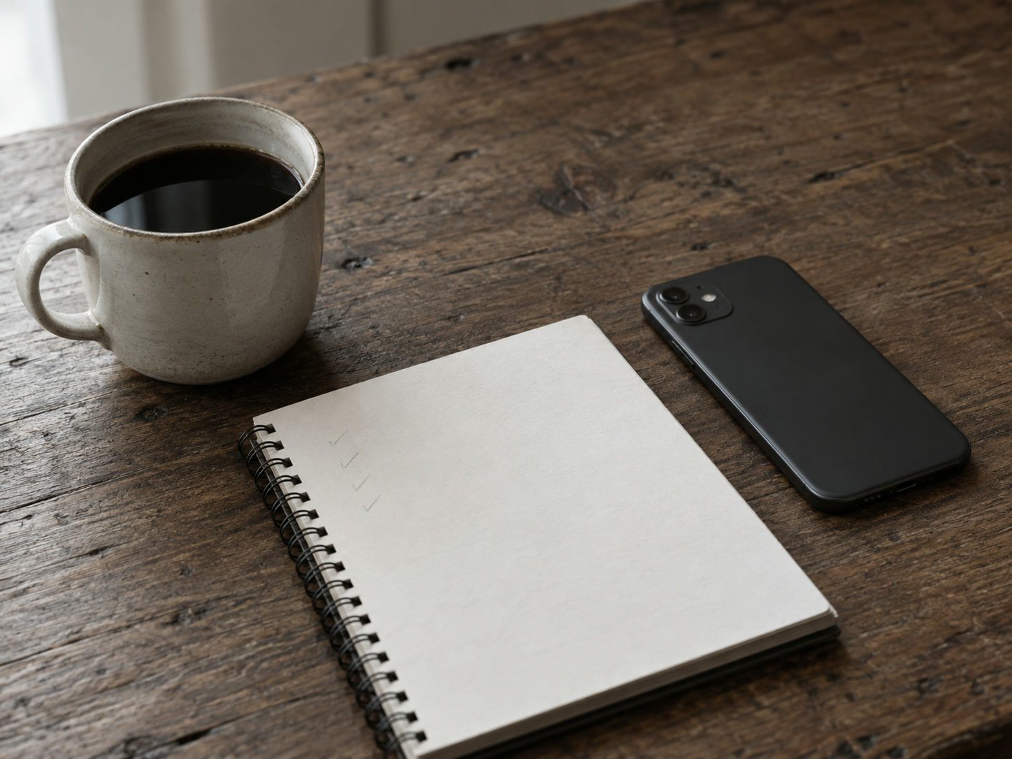 A phone lying face down beside a blank notepad with faint pencil ticks and a cooling cup of coffee on a worn wooden desk.