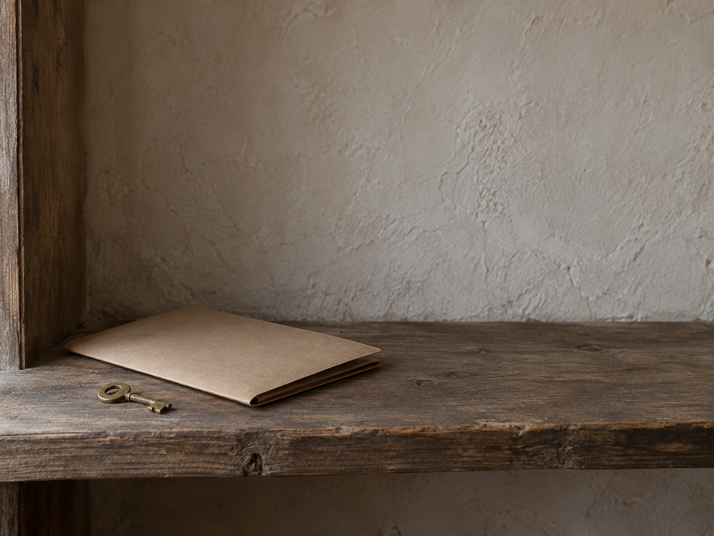A small brass key and a closed paper folder on a wooden shelf in soft window light.