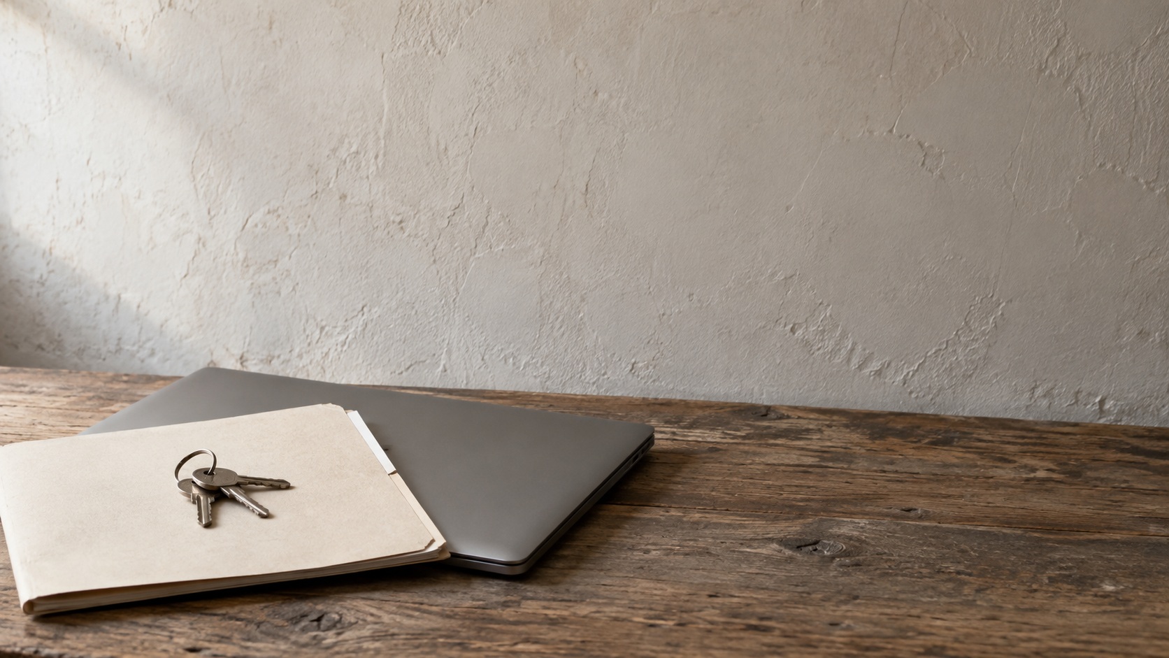 A ring of plain keys resting on a closed folder beside a laptop that is switched off on a desk.