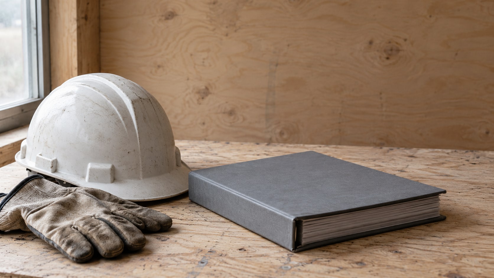 A hard hat and a pair of work gloves resting beside a closed binder on a plywood workbench.