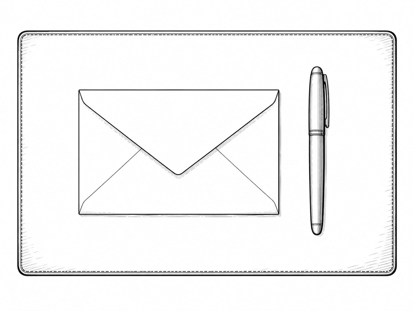 A sealed blank envelope and a pen lying side by side on a clean desk blotter.
