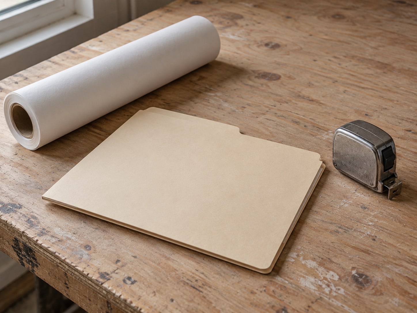 A site visit folder with a roll of plans and a tape measure resting on a plywood table.
