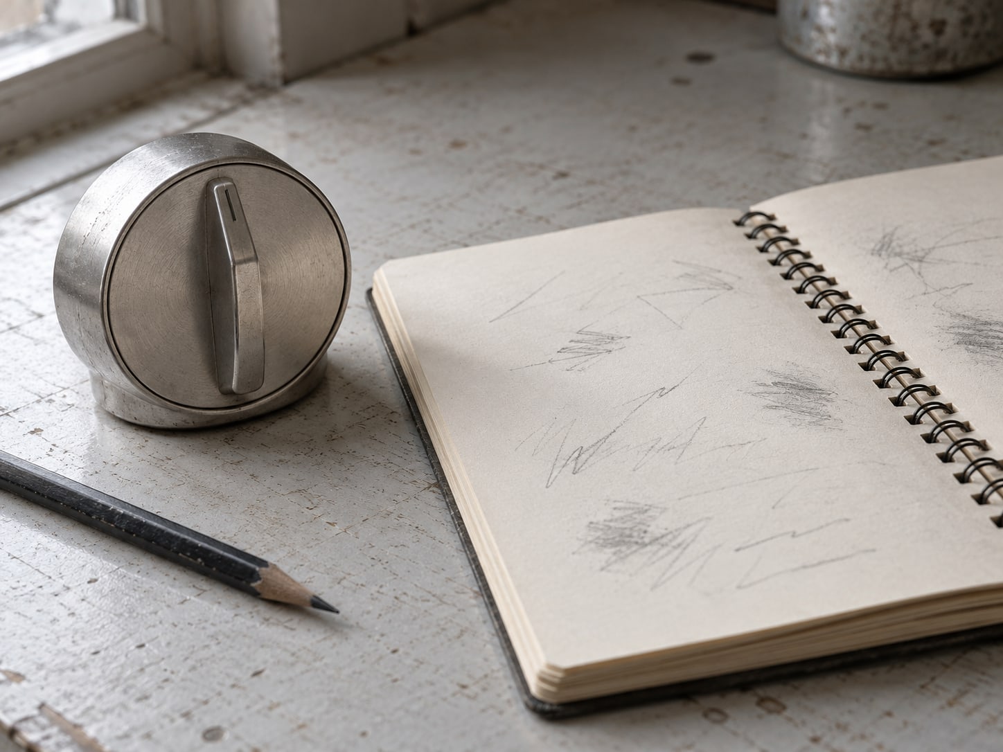 A kitchen timer and a pencil resting beside an open spiral notebook with unreadable pencil marks.