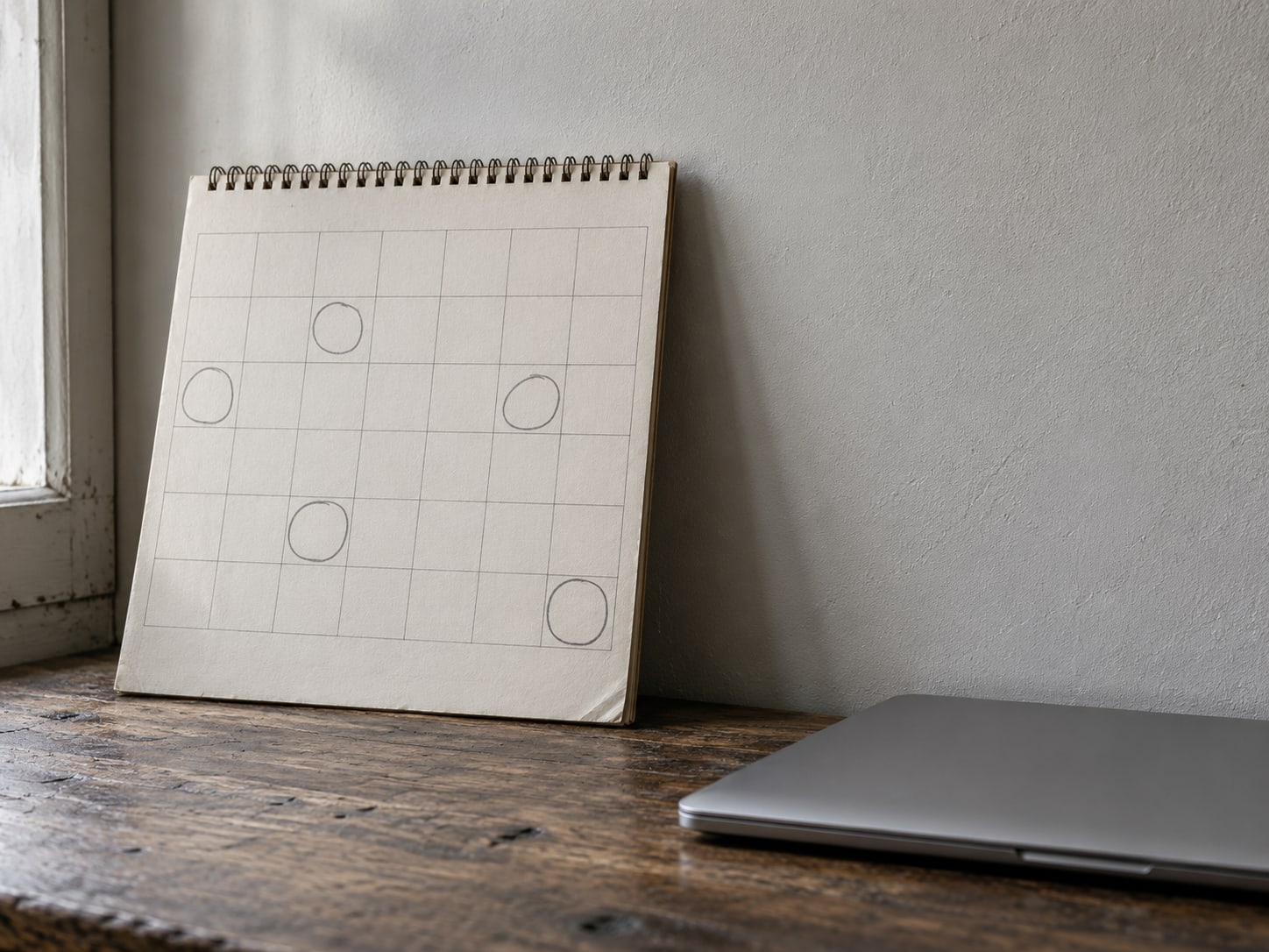 A wall calendar with several squares circled in pencil beside a closed laptop on a worn wooden desk.