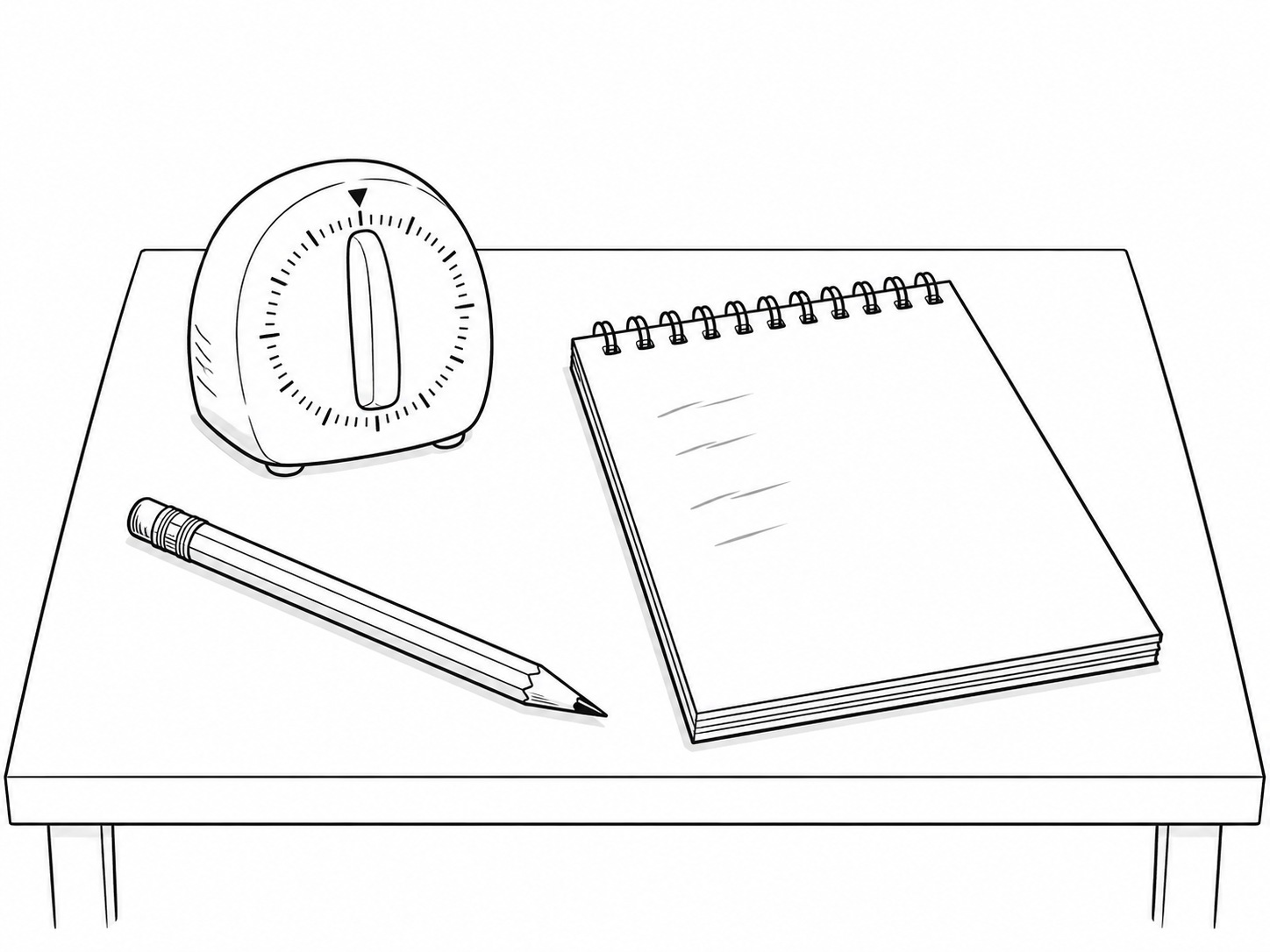 A small white kitchen timer, a sharpened pencil and a blank notepad with a few faint pencil marks on a light wooden table.