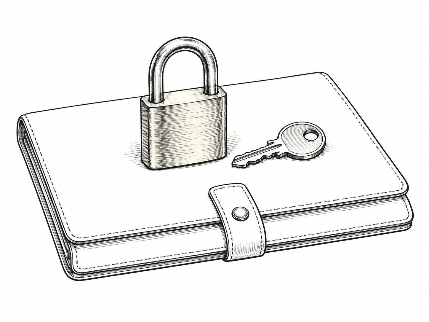 A brass padlock and a single key resting on a closed leather folder on a dark wooden desk.