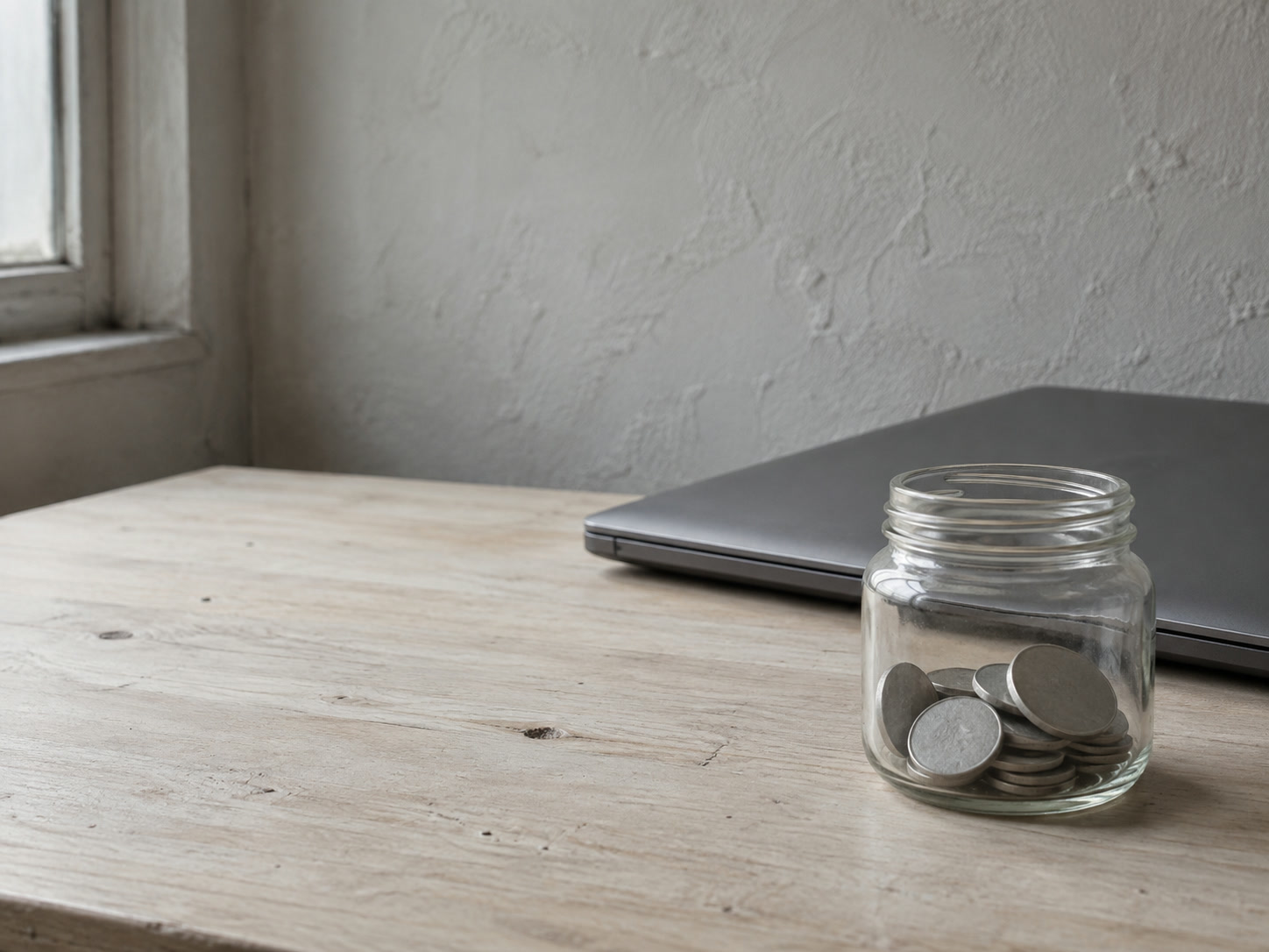 A small glass jar partly filled with coins beside a closed laptop on a pale wooden desk.