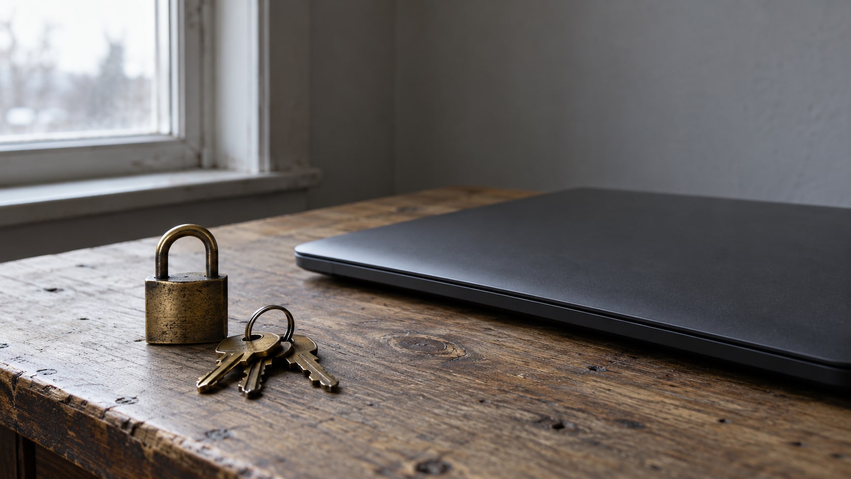 A small brass padlock and a ring of keys on a worn wooden desk beside a closed laptop.