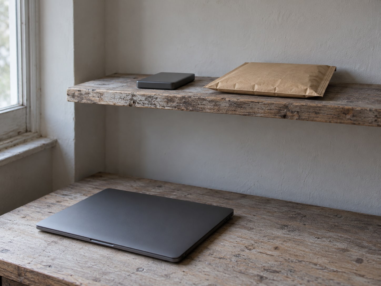 A small external drive and a sealed padded envelope on a shelf, away from a closed laptop on the desk below.
