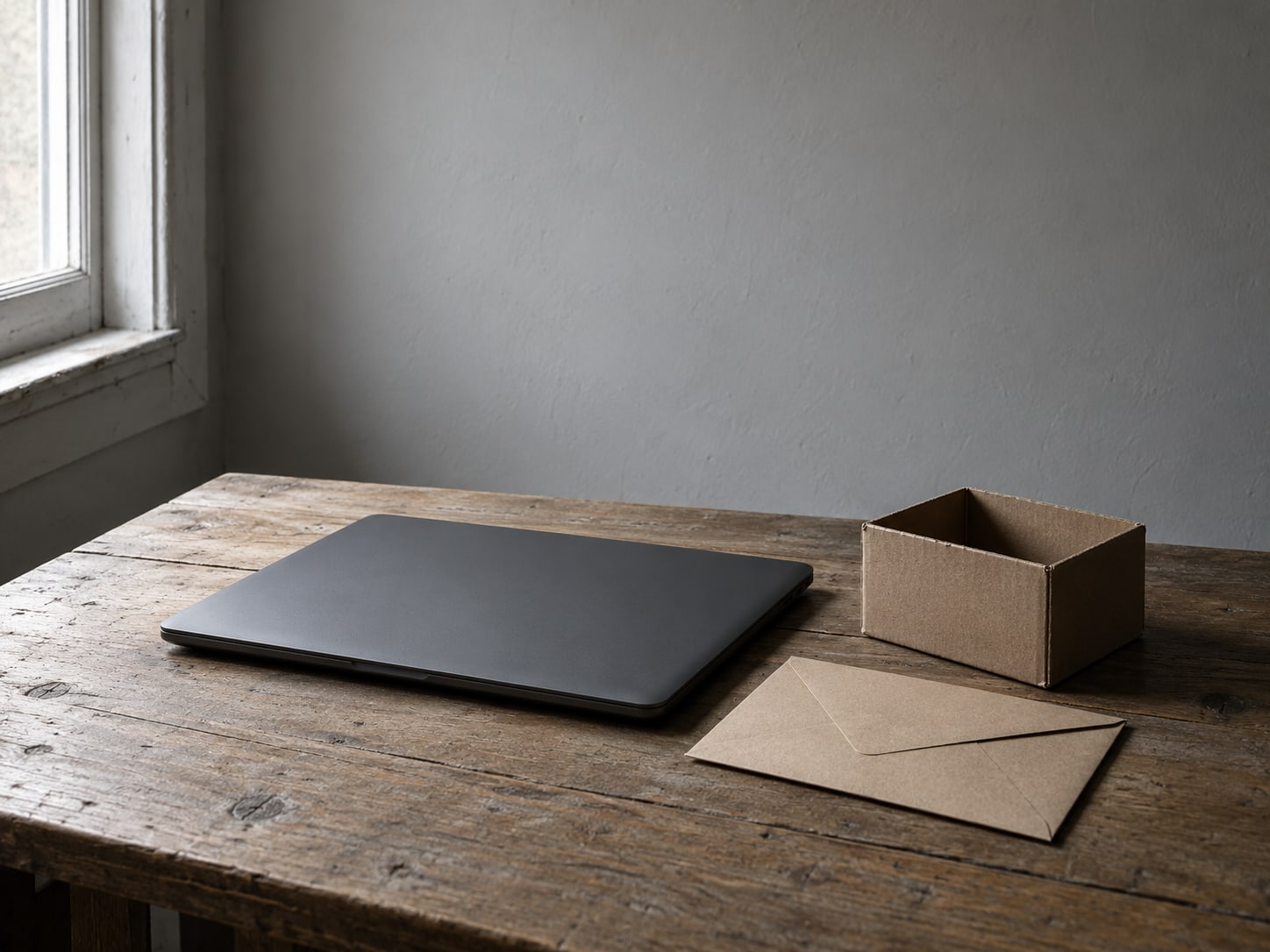 A closed laptop beside a sealed blank envelope and an empty cardboard box on a plain table.