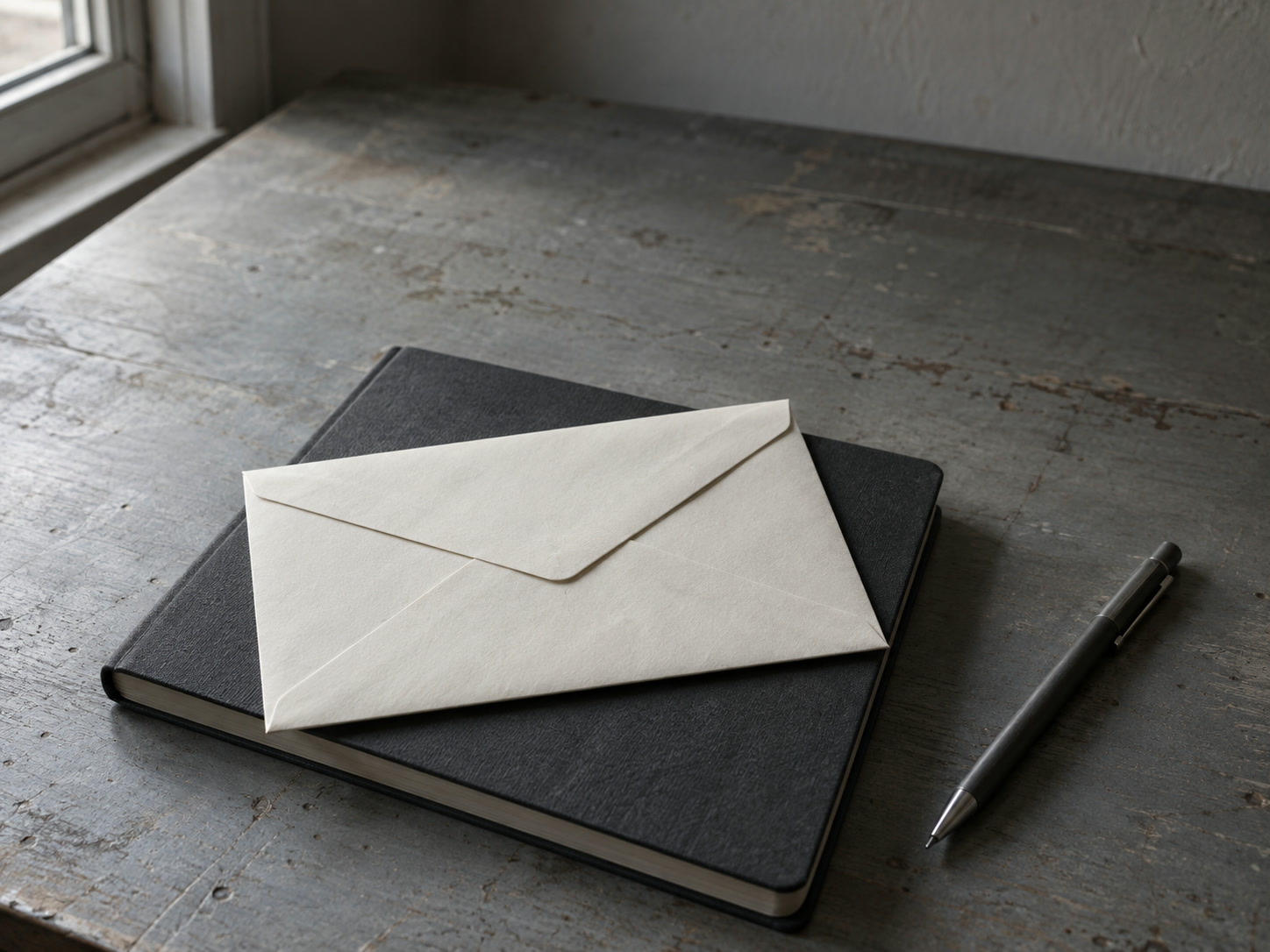 A sealed blank envelope resting on a closed notebook beside a pen on a gray desk.