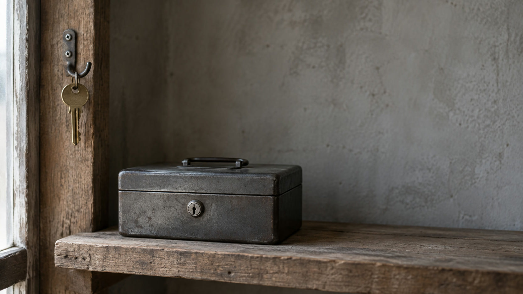 A single brass key on a hook beside a closed metal cash box on a wooden shelf.