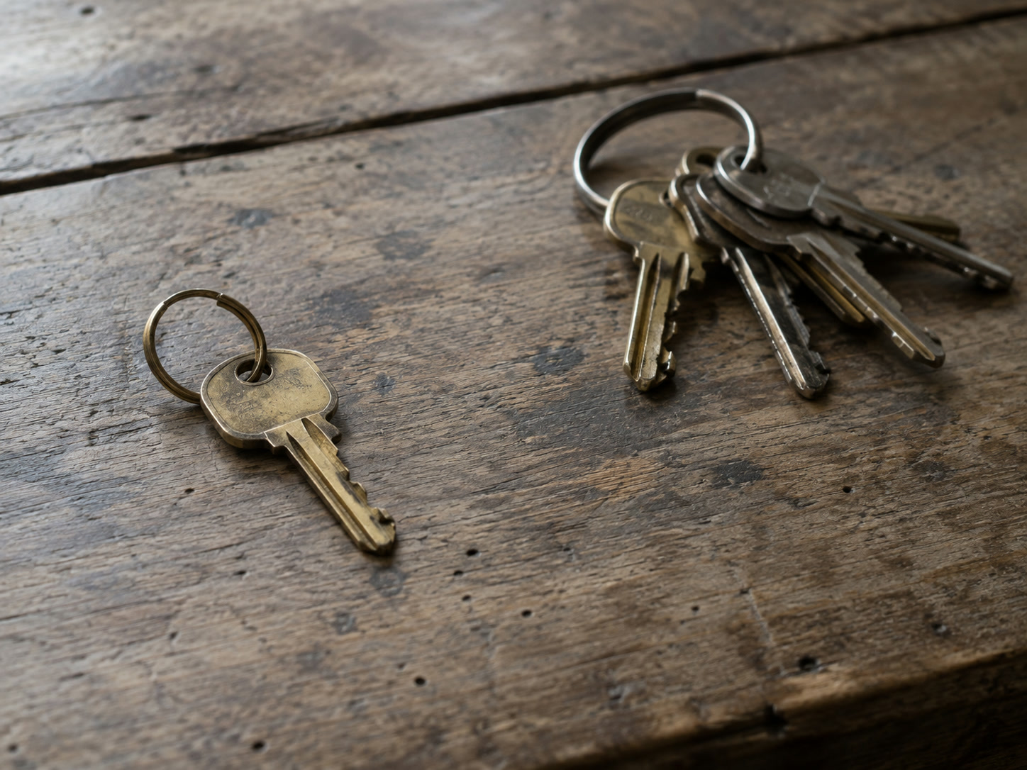 A single brass key on its own ring set apart from a full ring of keys on a wooden desk.