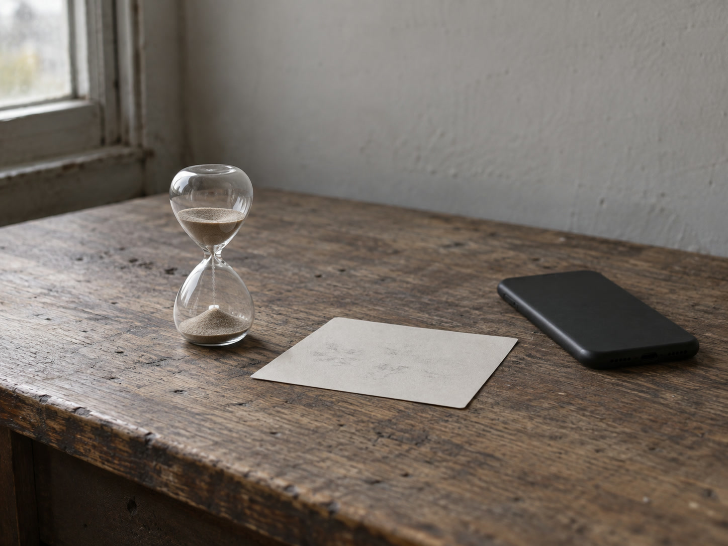 A small hourglass beside a blank index card with faint pencil marks and a face-down phone on a wooden desk.