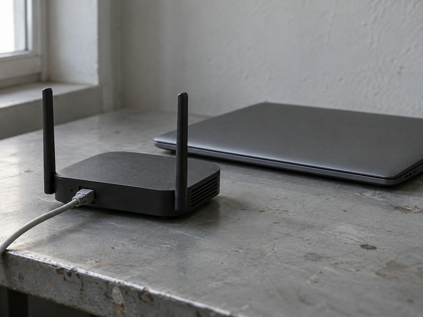 A small network router with one cable plugged in, set beside a closed laptop on a plain gray workbench.