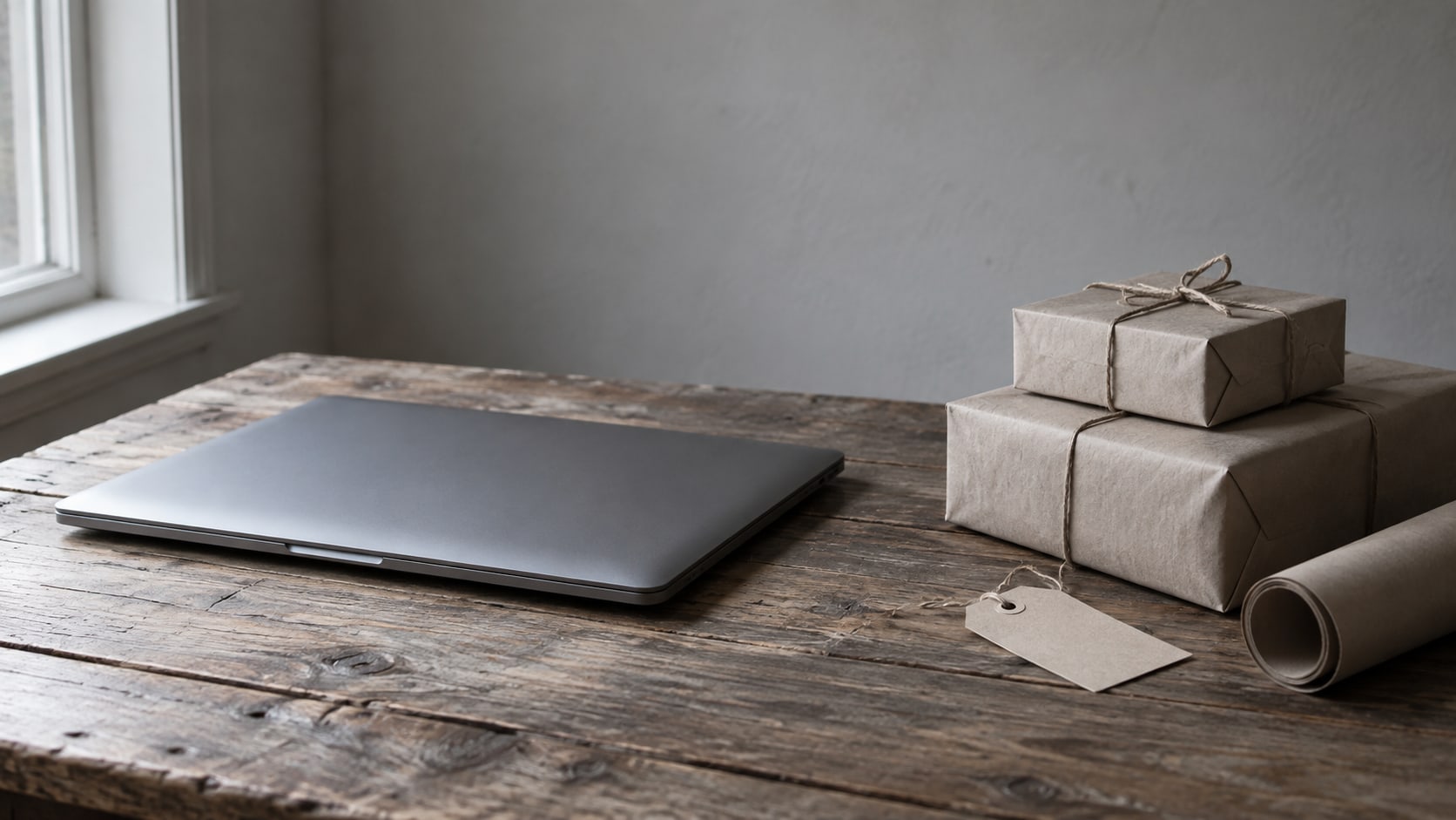 Una computadora portátil cerrada, una pequeña pila de cajas de regalo envueltas y una etiqueta de papel en blanco sobre una mesa de madera, con luz de una ventana.
