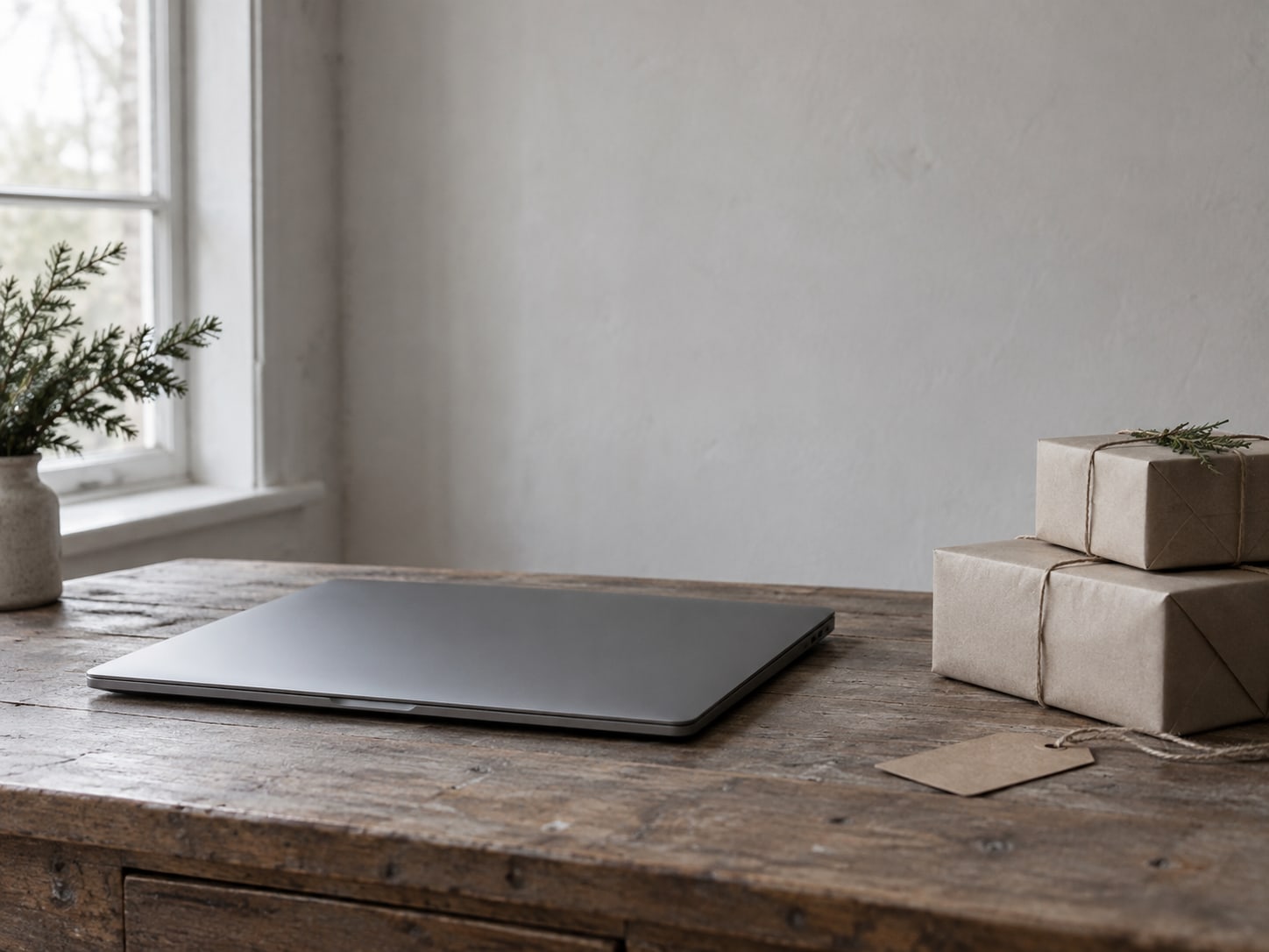 Una computadora portátil cerrada junto a una pequeña pila de cajas de regalo envueltas y una etiqueta de papel en blanco sobre una mesa de madera.