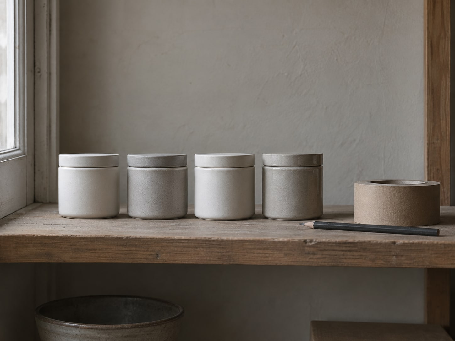 Una hilera ordenada de frascos pequeños y lisos en un estante junto a un rollo de cinta en blanco y un lápiz.